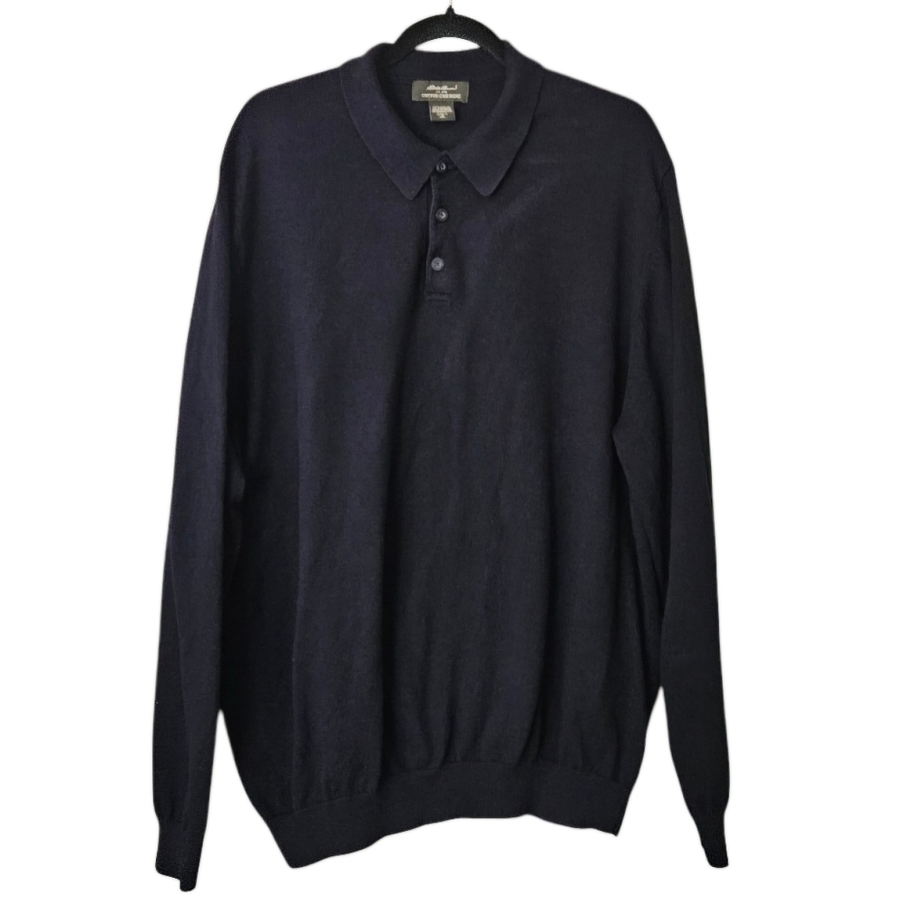 Eddie Bauer Cotton Cashmere Men's Polo Long Sleeve Navy Blue Sweater XL Tall - Picture 1 of 6